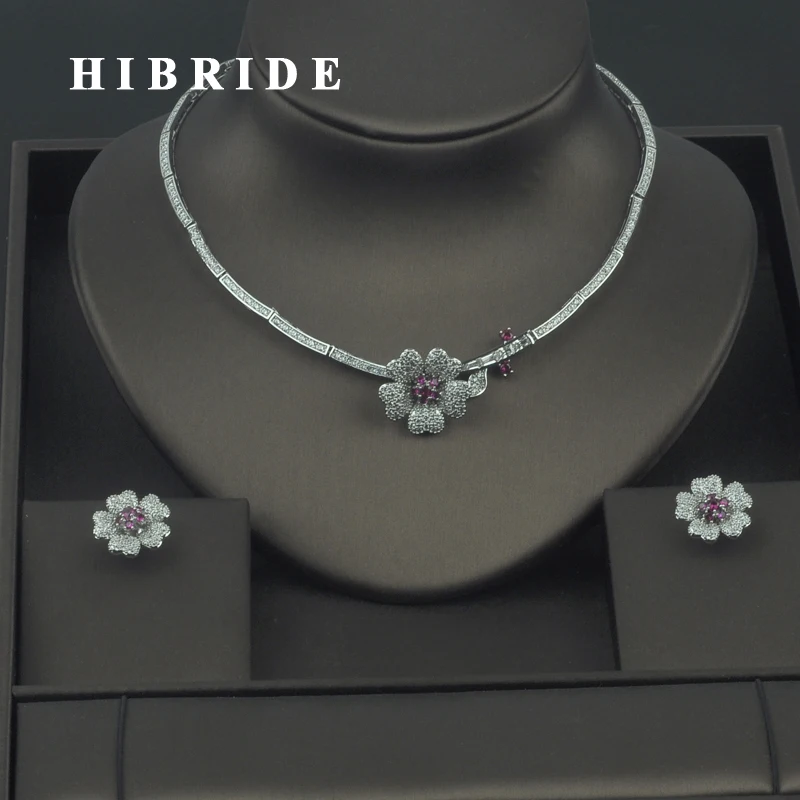 

HIBRIDE 4 Color Available Flower Shape Micro Cubic Zirconia Women Jewelry Sets Wedding Bridal Earring Necklace Sets Gift N-305
