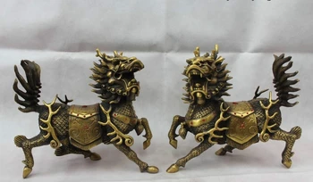 

zm 9"Chinese Folk Feng Shui Brass Wealth Fu Dragon Kylin Statue Sculpture Pair