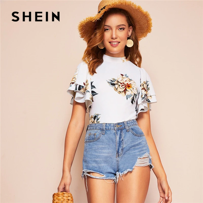 SHEIN Mock Neck Layered Flutter Sleeve Floral White T Shirt Women ...