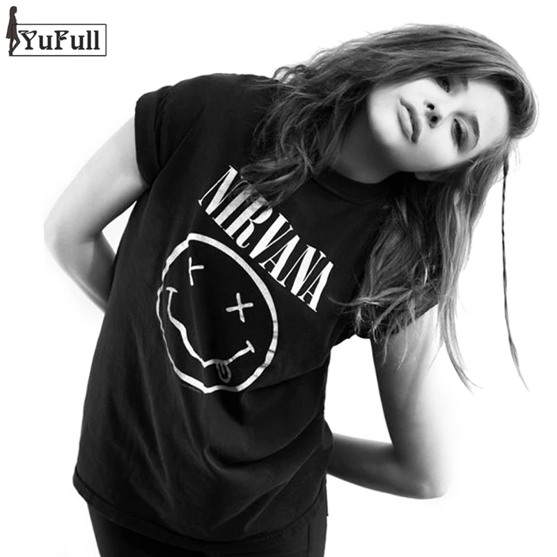 Harajuku Summer 2016 Casual Black T Shirt Women Tops Punk Rock Nirvana Letter Print Short Sleeve T-shirt O-Neck Tee Shirt Femme