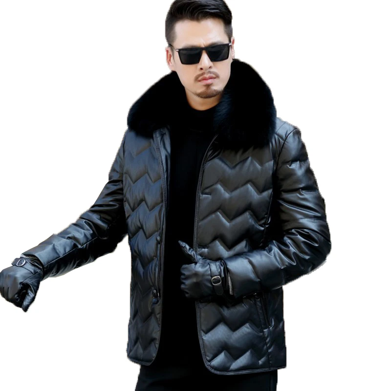 

Men's plus size 3XL Winter keep warm white duck down leather jacket coat with fox collar men down motorcycle coat
