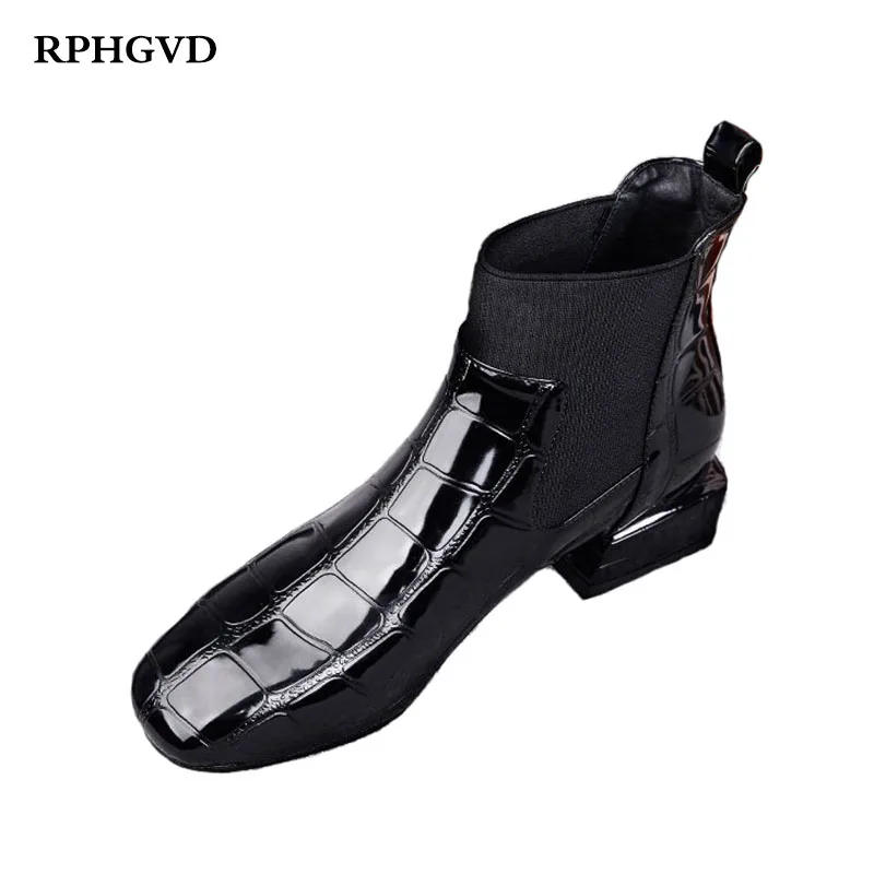 

2019 Autumn And Winter New Square Head Thick With Patent Leather Feet Short Boots British Style Fashion Short Tube Martin Boots