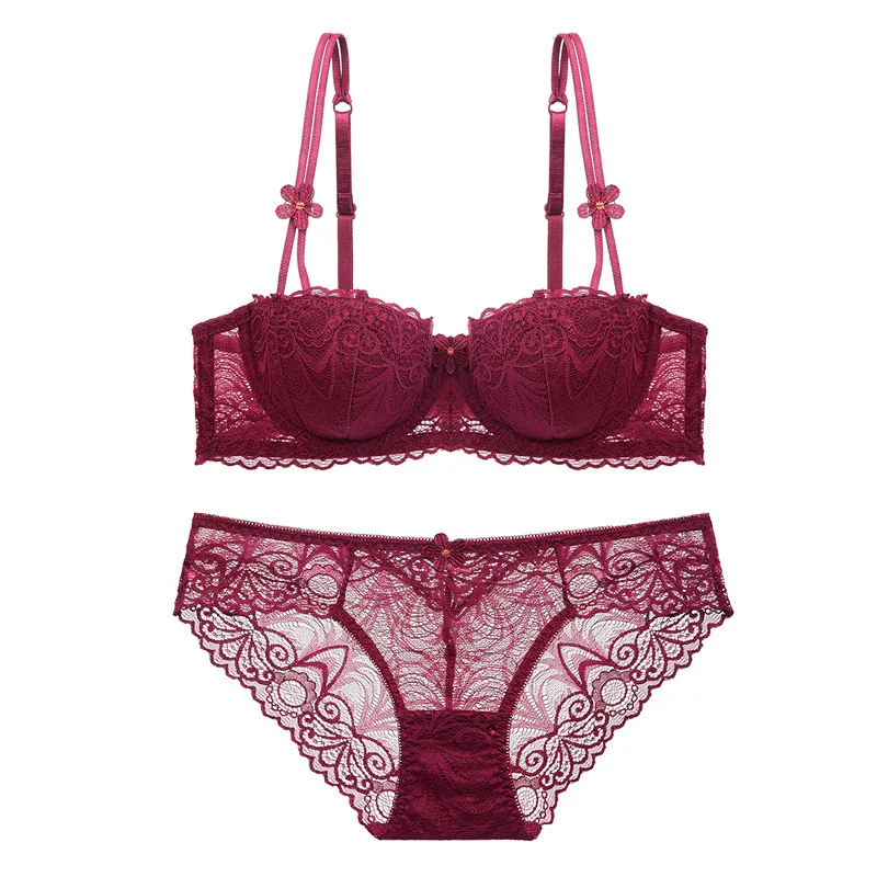 New Women Demi Push Up Bra Sets Fashion Cotton Thin Cup Strappy Elegent Daisy Applique Embroided Lingerie Set Bralet and Panty