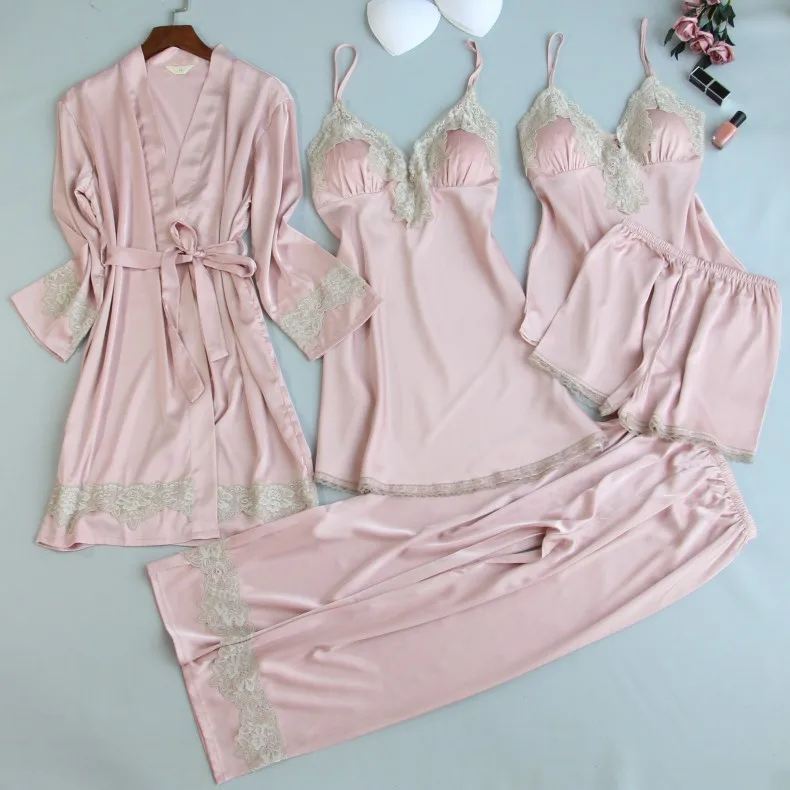 

MECHCITIZ 5 piece women pajamas sets 2019 satin silk robe pants sleepwear lingerie shorts homewear bathrobe pyjamas set pijamas