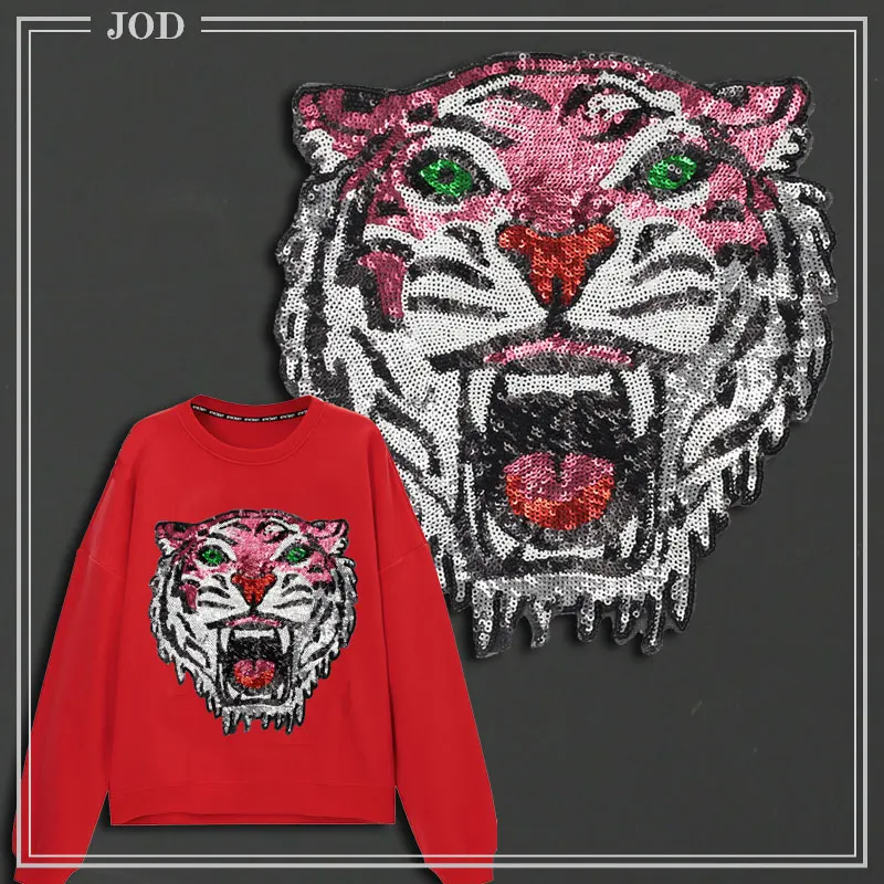 

Large Pink Sequin Tiger Patch Sew on Clothes Biker Brand Embroidery Patches for Clothing Bag Stickers Sweatshirt Repair Badges