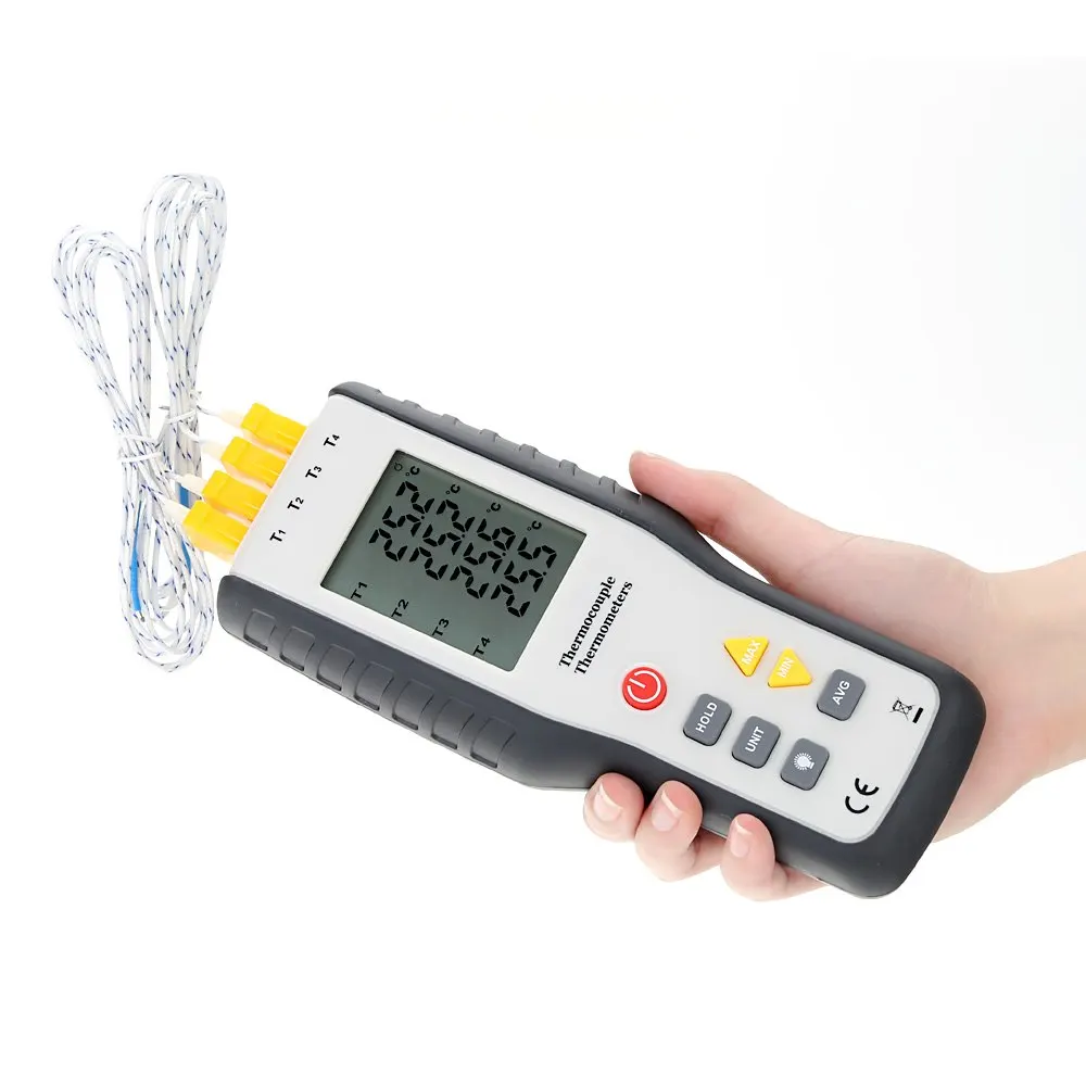

Handheld Digital 4 Channel Thermometer High Precision Temperature Meter K Type Thermocouple Sensor -200~1372Degrees/-328~2501F