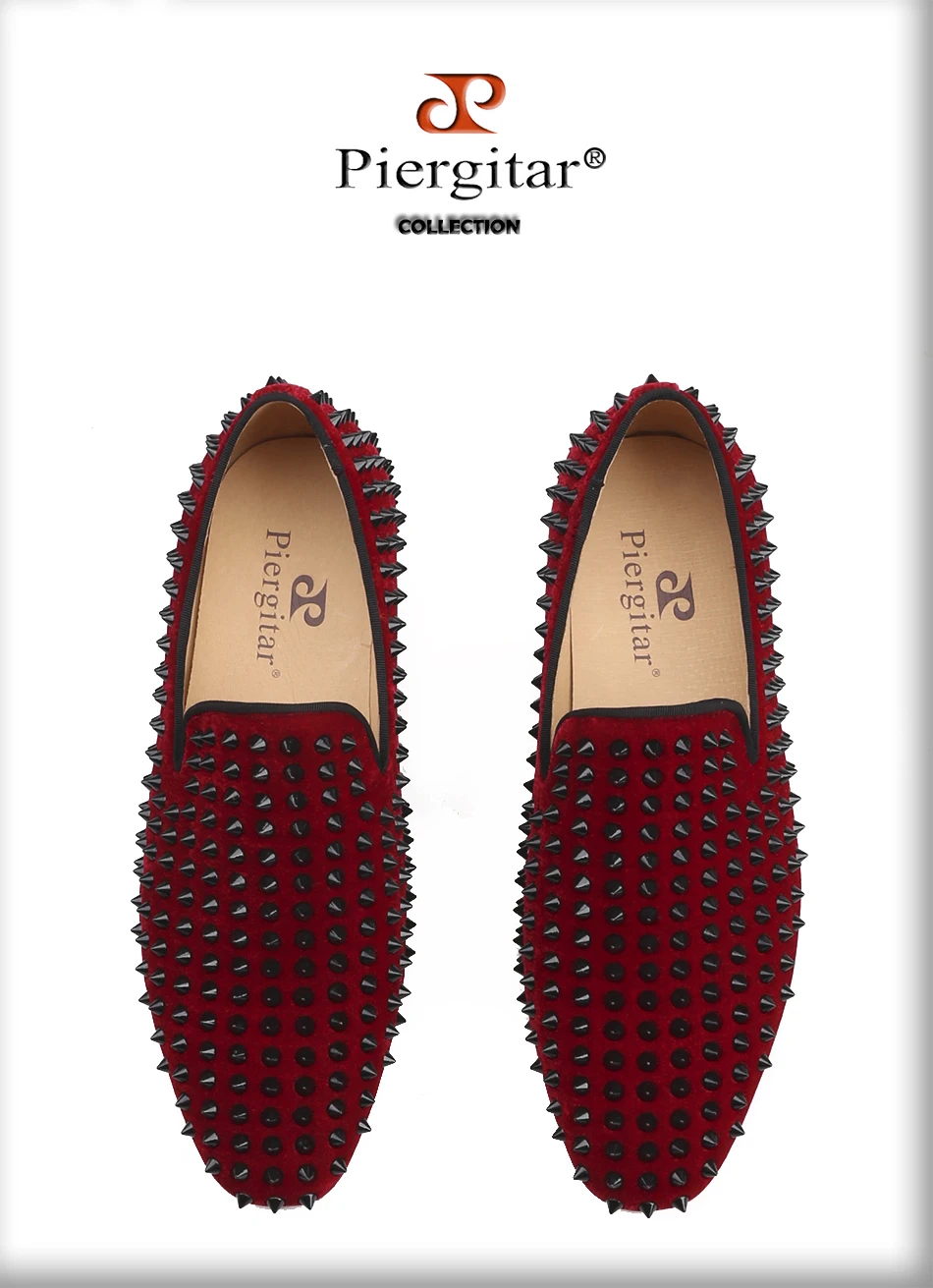 Piergitar/Мужская бархатная обувь бордового цвета ручной работы, черные шипы для вечеринки и свадьбы, мужские итальянские лоферы, стильные комнатные туфли