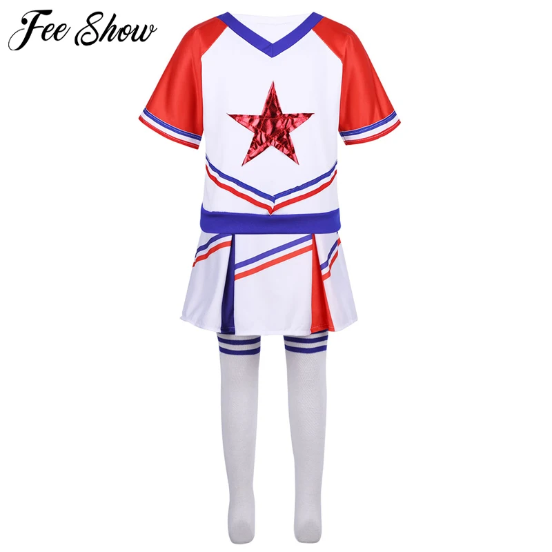 

Kids Girls Cheerleader Costume Star Printed T-shirt +Skirt Dancewear Set Fancy Dress Party Costume Outfit Clothes Set