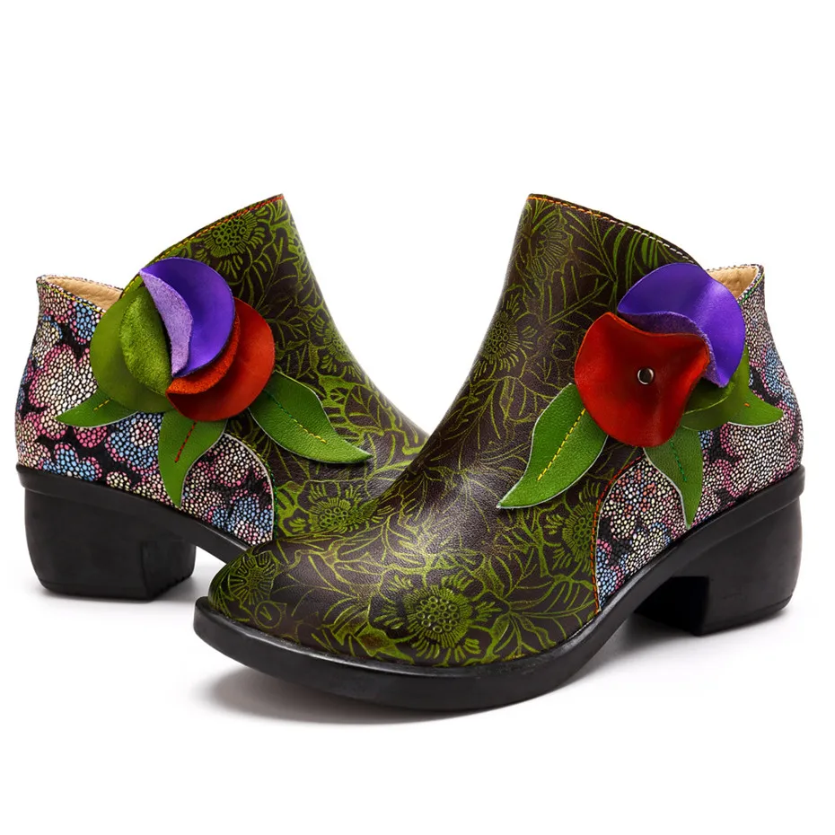 Mixed Color Print Genuine Leather Boots Women Shoes Handmade Flower Zipper Ankle Boots Spring Autumn Vintage Floral Female Botas (4)