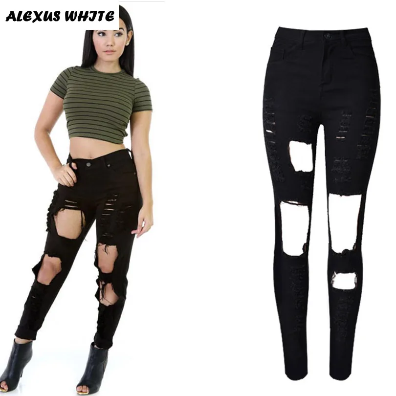 

Cowboy Ripped Stretch Jeans Women 2017 Slim Hole Irregular Pencil Pants Ladies Fashion Skinny Denim Trousers
