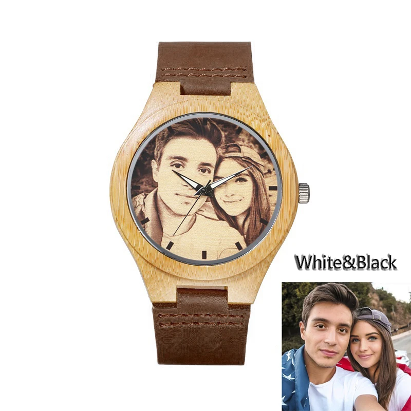 

Custom Brand Watch Photo Unique Private Sketch Picture Bamboo Wood Leather Causal Quartz Customized Logo Women Men Watches Gift