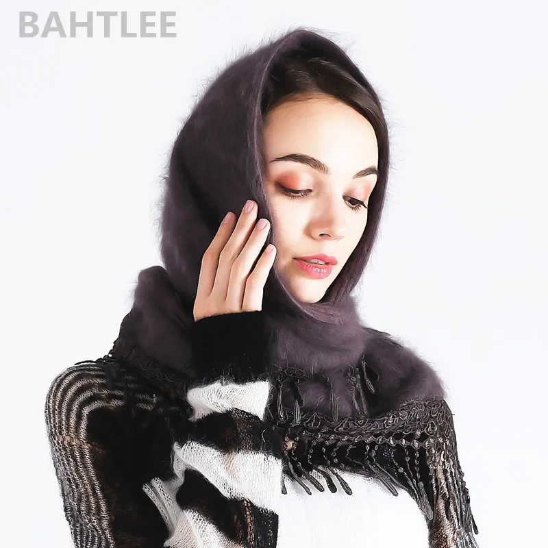BAHTLEE зимний мусульманский женский Ангорский тюрбан в форме кролика хиджаб шарф пончо треугольная шаль вязанный натуральная шерсть накидка