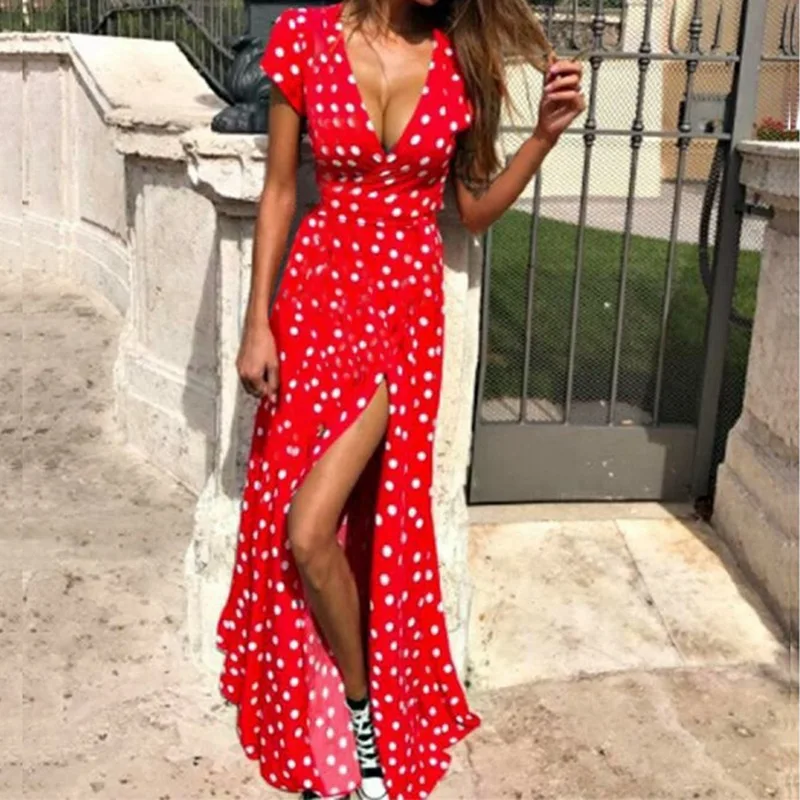

LAAMEI 2019 Women Polka Dot High Split Dress Summer Sexy V-neck Beach Boho Dress Short Sleeve Sashes Maxi Long Dresses Plus Size