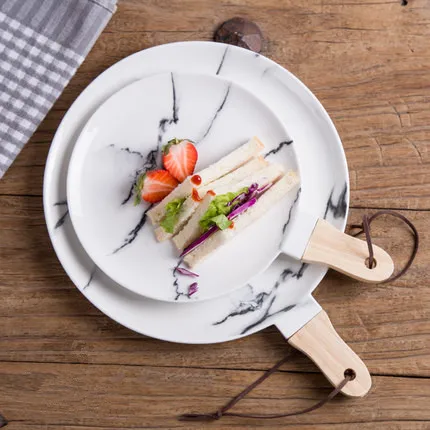 

Creative Marble Style Ceramic Steak Plate with Wood Handle Breakfast Plate Porcelain Dish
