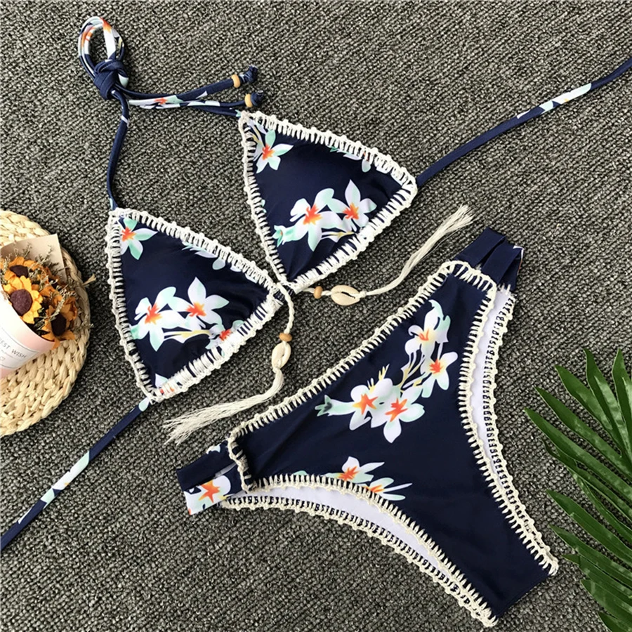 

2018 Swimwear Women Tanga Bikini Crochet Summer Swimsuit Sexy Bathing Suit Bandage Swimsuit Whit Shell Brazilian Biquinis Blue