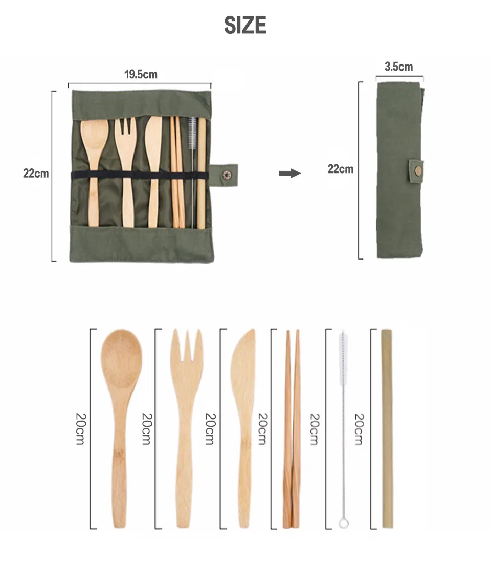 Бамбуковые соломинки с очистителем путешествия эко портативный многоразовый бамбуковый столовый прибор с мешком палочки вилка ложка нож набор деревянные столовые приборы