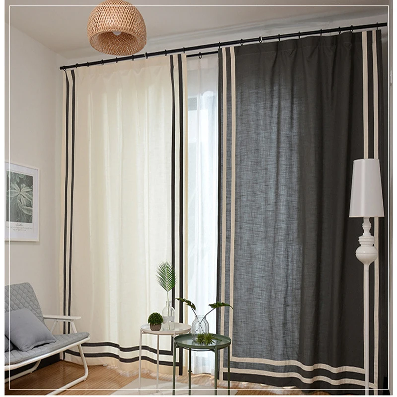 

American Cotton And Linen Stitching Striped Curtains Gray- White Stitching Half Blackout Curtains For Living Room Bedroom T107#4