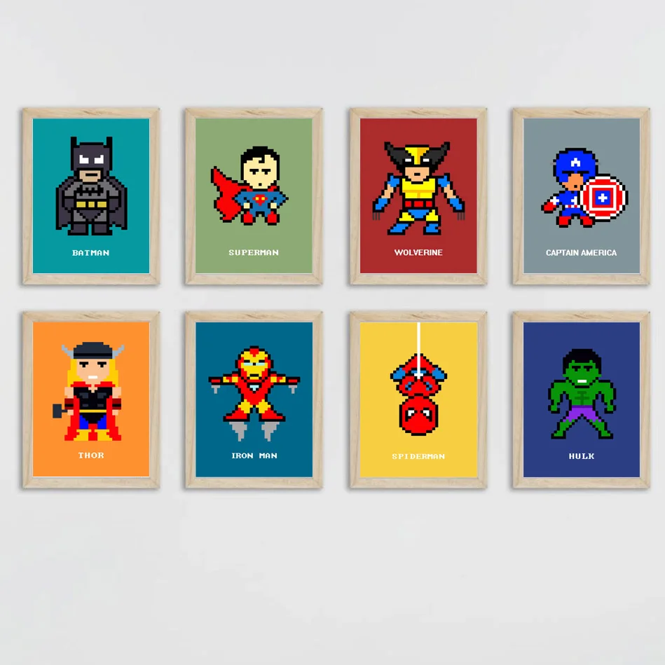 

Cute Superhero Painting Cartoon Iron Man Batman Poster Wall Picture for Kids Baby Room Home Decor No Frame canvas painting E234