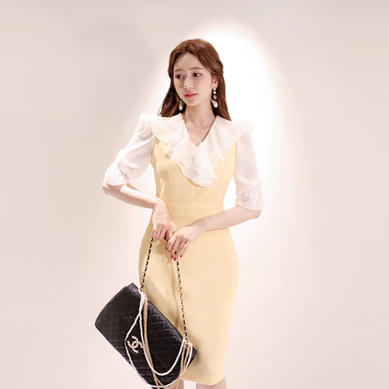 

Vestidos De Festa Women Summer Female Yellow Half Lantern Sleeve V-Neck Package Buttocks Chiffon Bodycon robe longue Dress