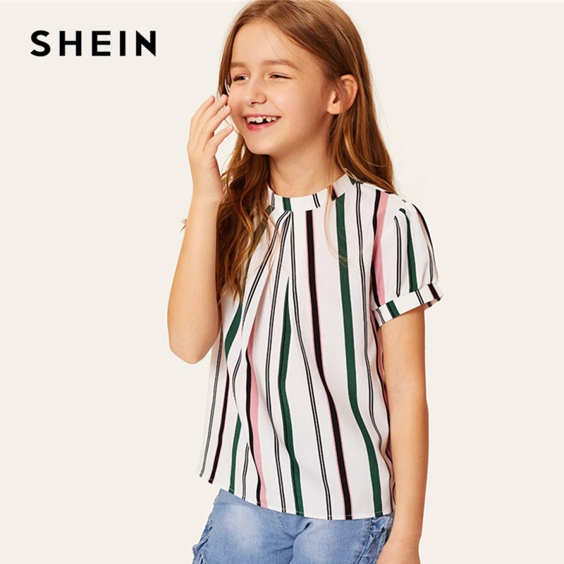 

SHEIN Kiddie Girls Fold Pleated Front Striped Casual Blouse Teenager Tops 2019 Summer Roll Up Sleeve Button Back Blouse Shirts