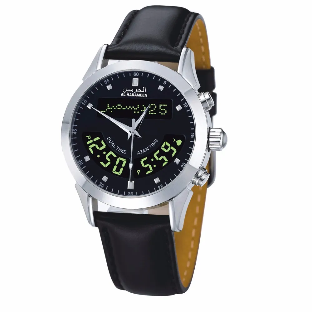 

AL Harameen Azan Muslim Prayer Azan Watch 6102 Black Leather strap Wriste Watch Islamic Gift Package 1pcs
