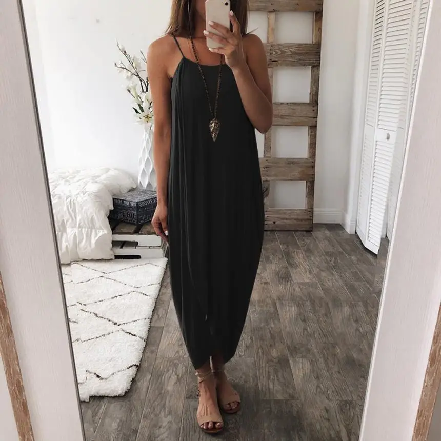 

Loose Solid Fashion Dresses Women Summer Straps Sleeveless Dress Elegant Holiday Casual Party Beach dress