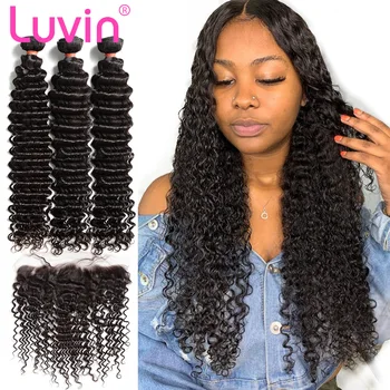 

Luvin 28 30 Inch Malaysian Human Hair Weave Curly 3 4 Bundles With 13x4 Lace Frontal Closure Double Drawn Deep Water Wave