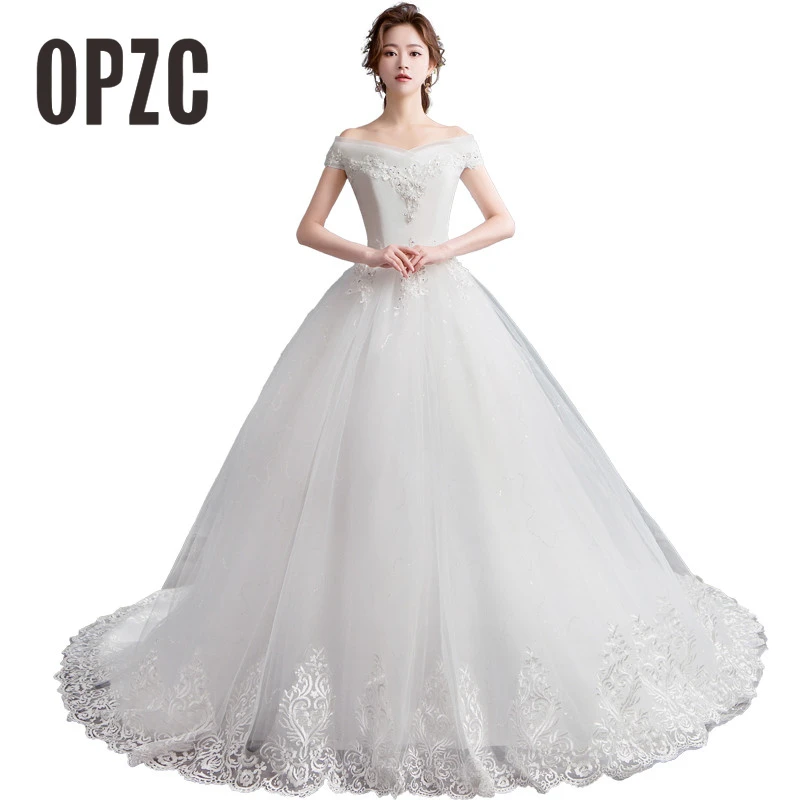 

Fashion Simple Lace Boat Neck Off the Shoulder Luxury Embroidery Train Wedding Dress 2018 New Elegant Plus size Vestido De Noiva