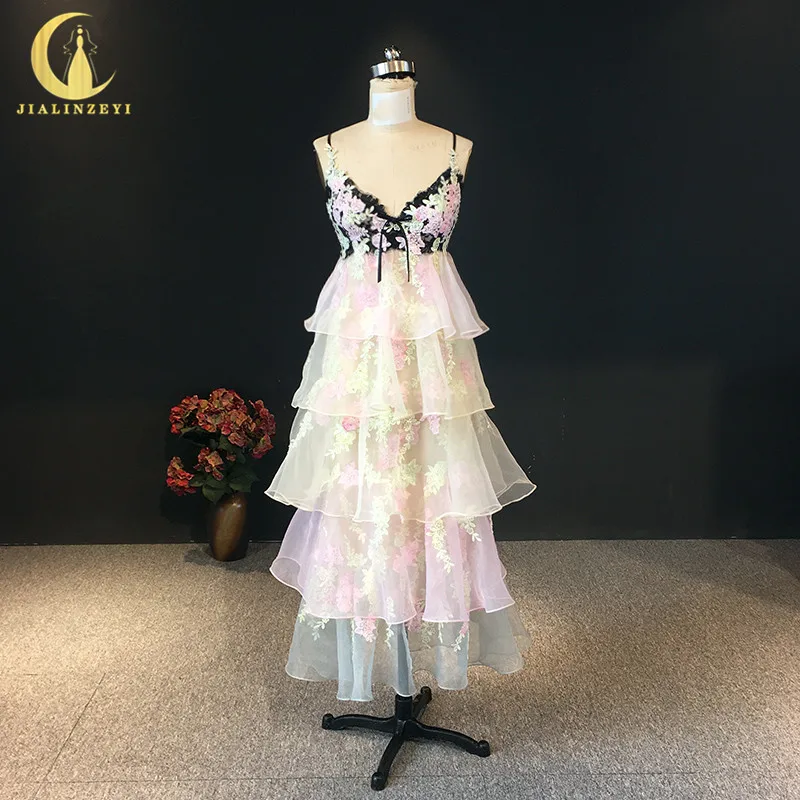 

JIALINZEYI Real Sample spaghetti strap Black Lace with Colorfull Organza Ankle Length Party Formal Dresses Evening Dresses 2018
