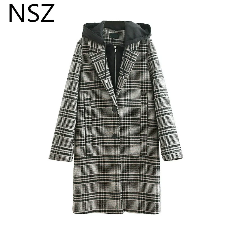 Women Hooded Checkered Wool Blend Plaid Long Coat Zipper With Button