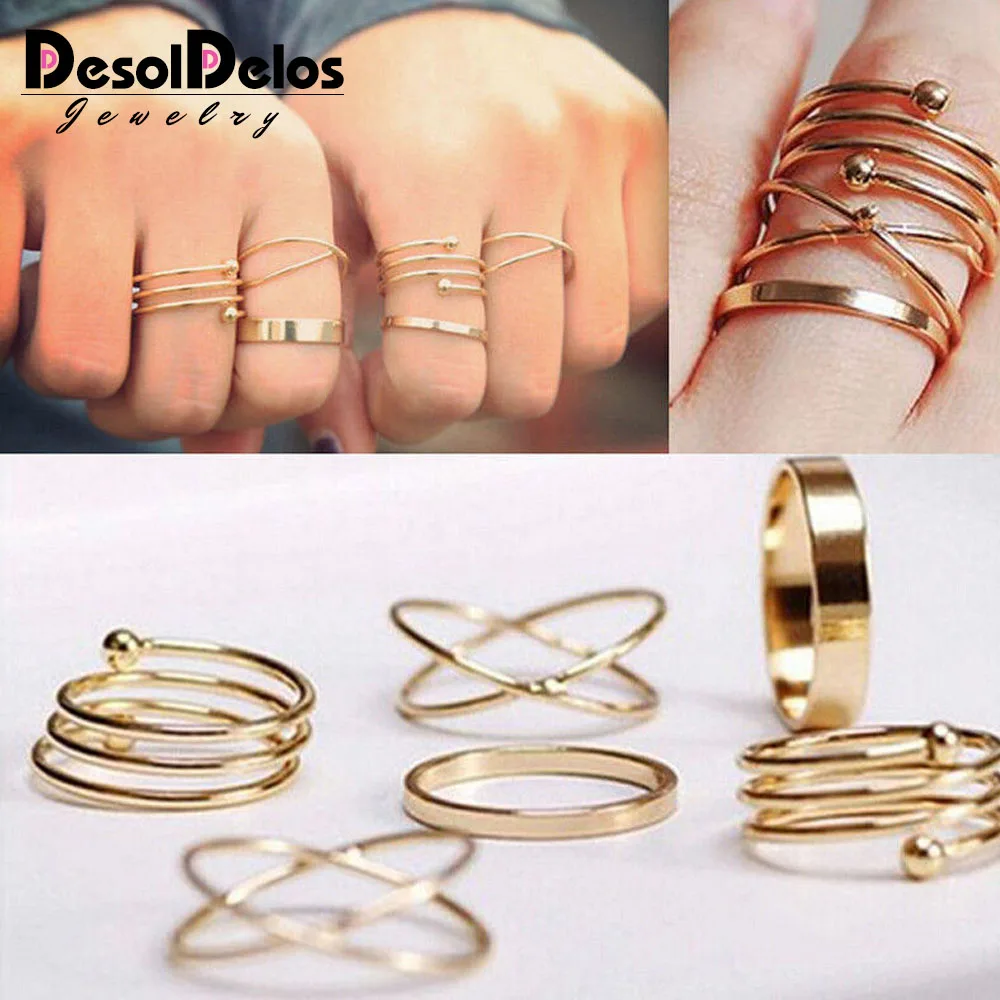 

6PCS/Set Unique Gold Color Alloy Rings Trendy Jewelry Retro Punk Finger Tail Toe Ring Mix Shape Wholesale Holiday Women Wearing