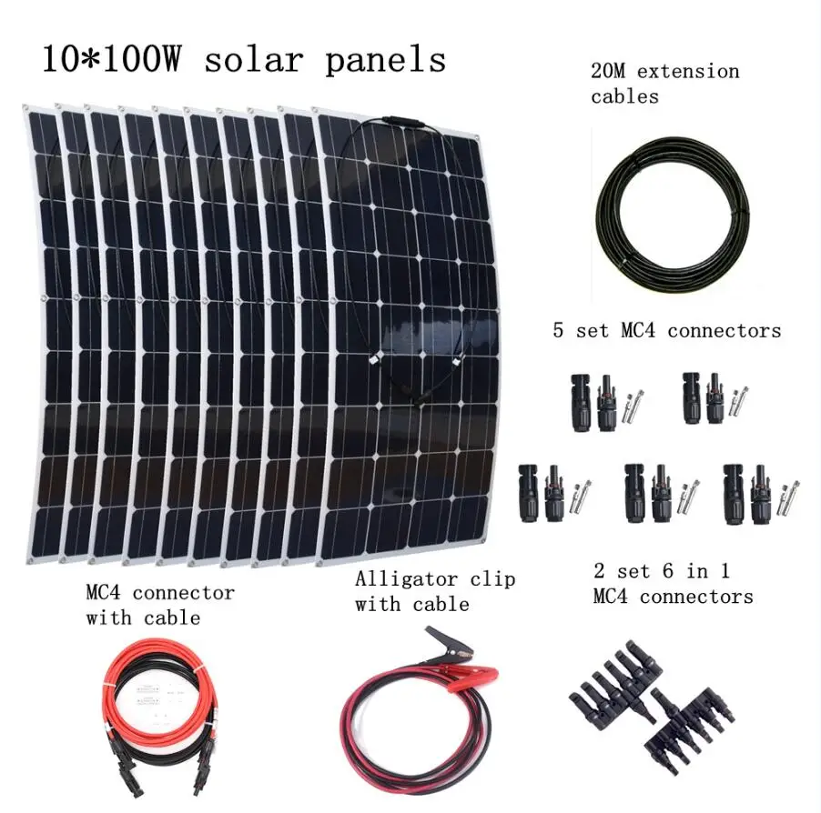 

10*100W Solar Panel +20M Cables + 5 Pair MC4 Connectors + 2 Pair 6 in 1 Connectors Household 1000W Solar System