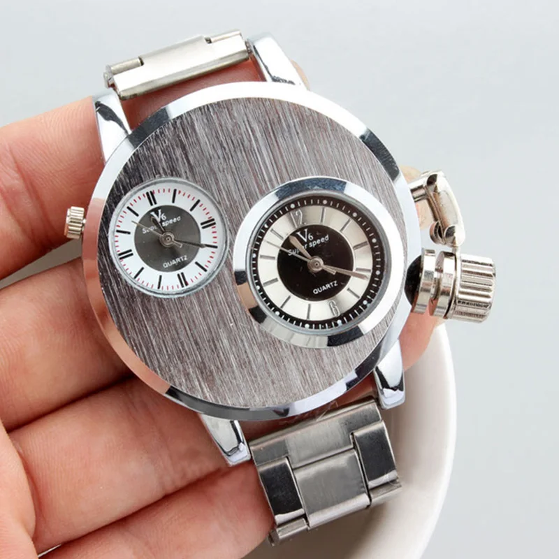 Goede Dubbele Beweging Grote Wijzerplaat heren Horloge Mode Creatieve Persoonlijkheid Horloge Unieke Twee Tijdzone Zilver Sport Horloge Studenten