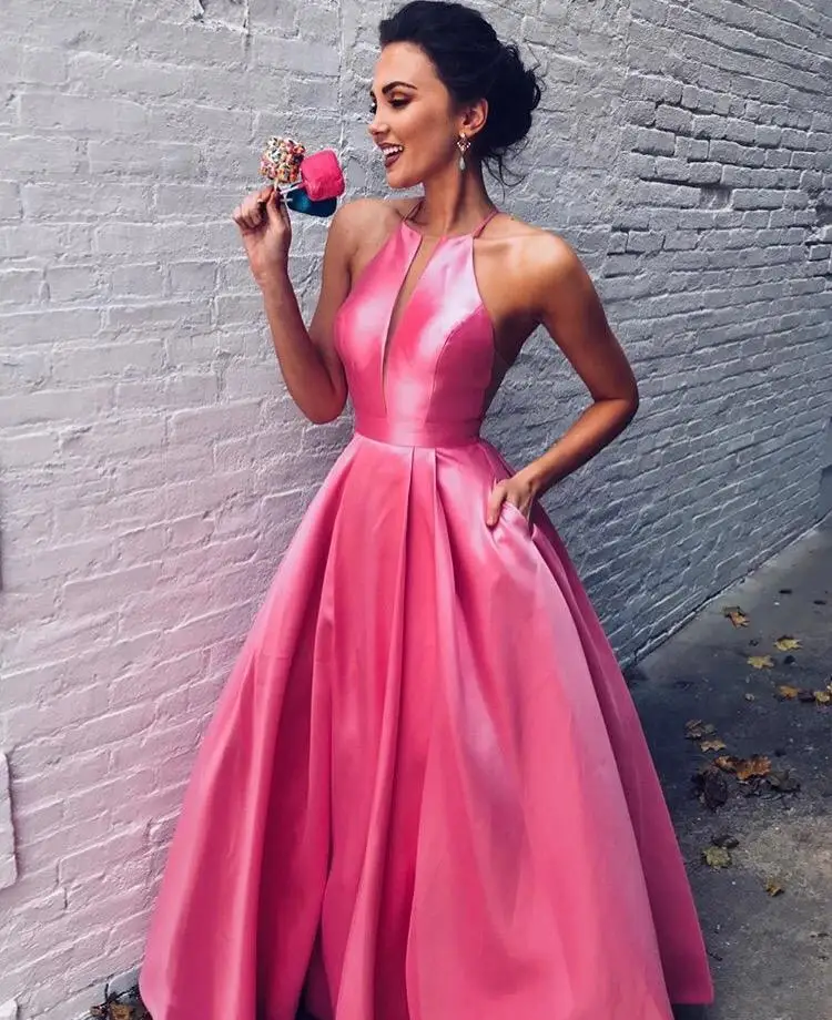 Abiye Gece Elbisesi Halter Evening Dresses Long Satin Formal Dress with Pockets Robe De Soiree Vestidos De Festa