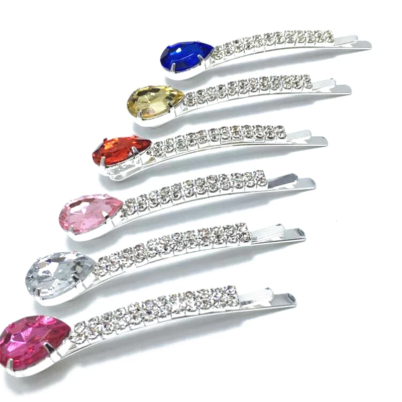 6pcs Water Drop Stone Silver Color Korea Hair Clips Heart Crystal