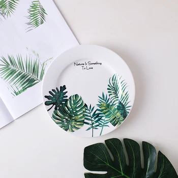 

1 pc 8 inch Monstera leaf pattern Ceramic Plate for dinner tableware tropical plant dinnerware mugs dish gift set