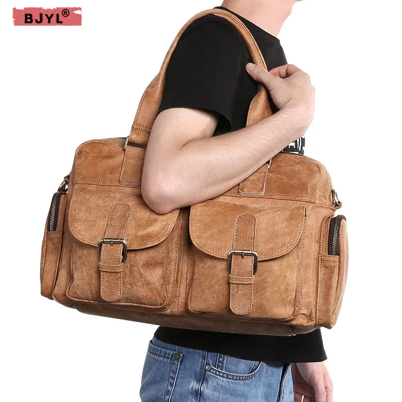 

BJYL Retro casual Genuine leather men's shoulder bag head layer leather men's handbag fashion trend brown Messenger bags