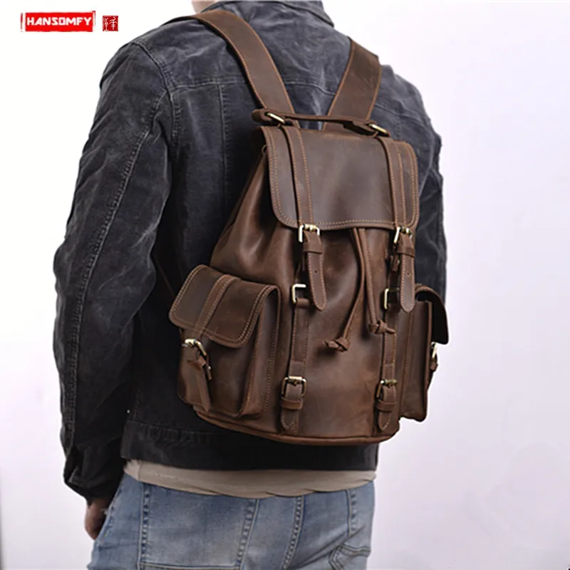 

Original design genuine leather handmade Men backpack male retro school laptop bag crazy horse leather leisure travel backpacks