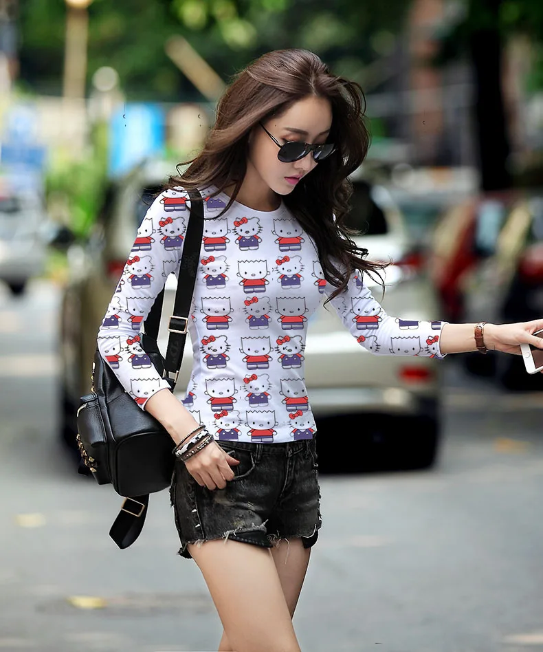 2018 nuevo verano Top camisetas mujeres camisetas historieta Hola lindo gatito impresión camiseta Tops moda camisetas streetwear