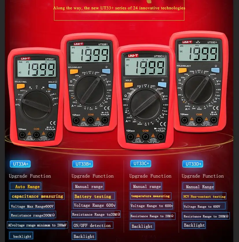 UNI-T UT33A+/UT33B+/UT33C+/UT33D+ Цифровые мультиметры, профессиональный электрический ручной амперметр, мультитестер с подсветкой