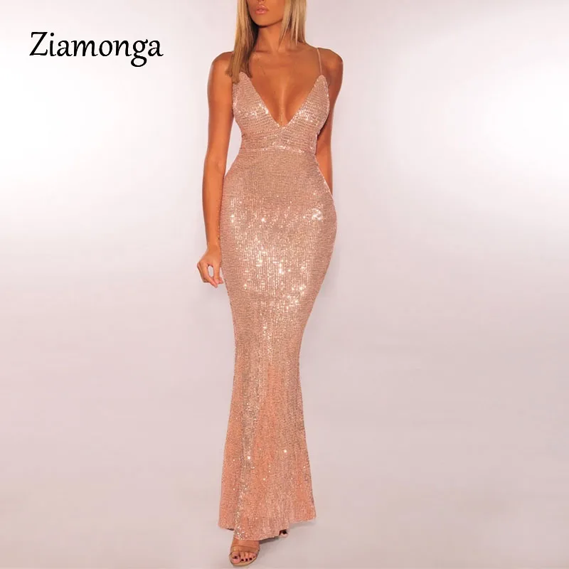 Ziamonga Summer Shiny Gold Sequined V Neck Maxi Dress Backless Maxi Dress Stretchy Backless Floor Length Formal Party Dress - Color: Gold