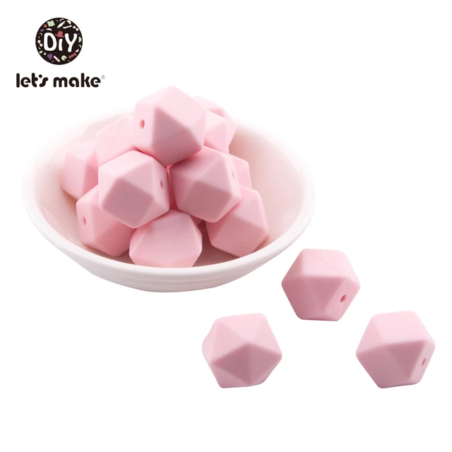 Let's Make Silicone Beads Hexagon Beads 14mm 10pc Food Grade Silicone Teether DIY Pacifier Clips Beads Necklace Baby Teether Candy Pink