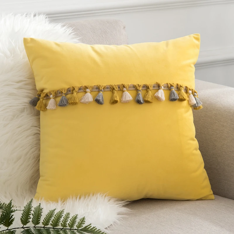 Скандинавские наволочки для дивана бархатные наволочки с кисточками розовый зеленый желтый фиолетовый пледы наволочки Декор для дома свадебный подарок - Цвет: Yellow Cushion Cover