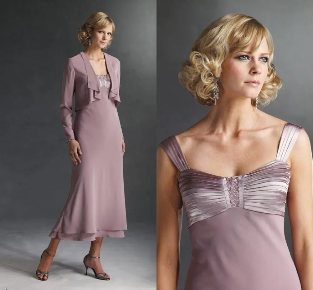 DM013 Long Sleeves Jacket Chiffon Tea Length Mother of the Bride Dress