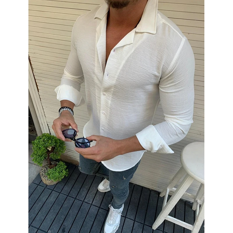 Mens Shirt Fashion Lapel Long Sleeve Solid Shirts Man Slim Fit Elegant Tops Streetwear Tunic Blouse Shirts Men's Clothes 3XL