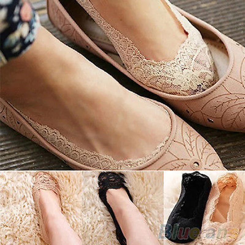 

New Women Ladies Cotton Lace Antiskid Invisible Liner No Show Peds Low Cut Sock 2019 Drop Shipping Nude&Black Socks