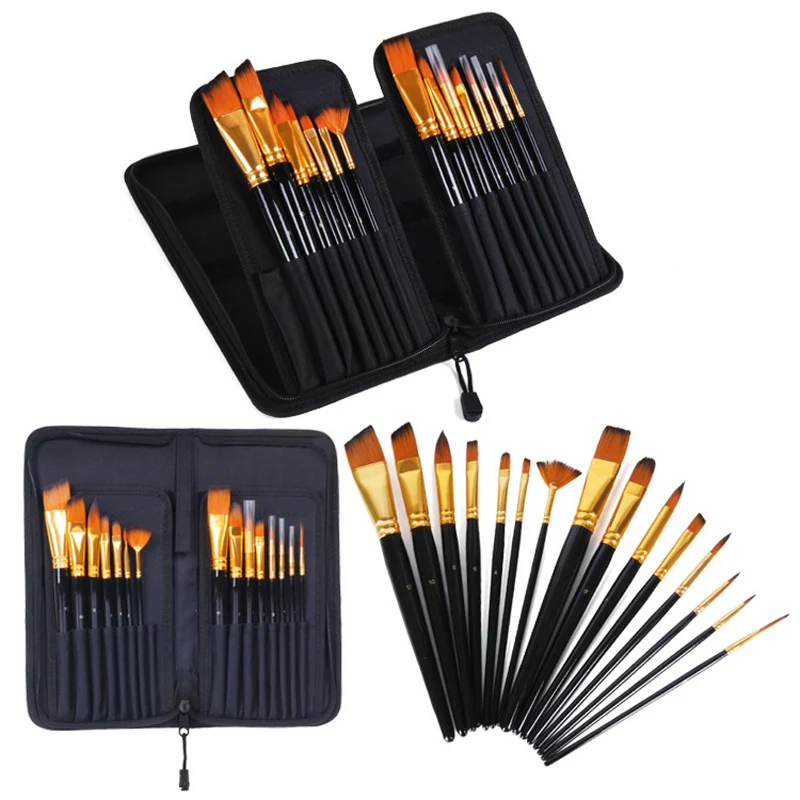 

Artistic 18 Pcs Nylon Hair Watercolor Gouache Paint Brush Different Shapes Round Pointed Tip Brush Black Case For Oil Paintings