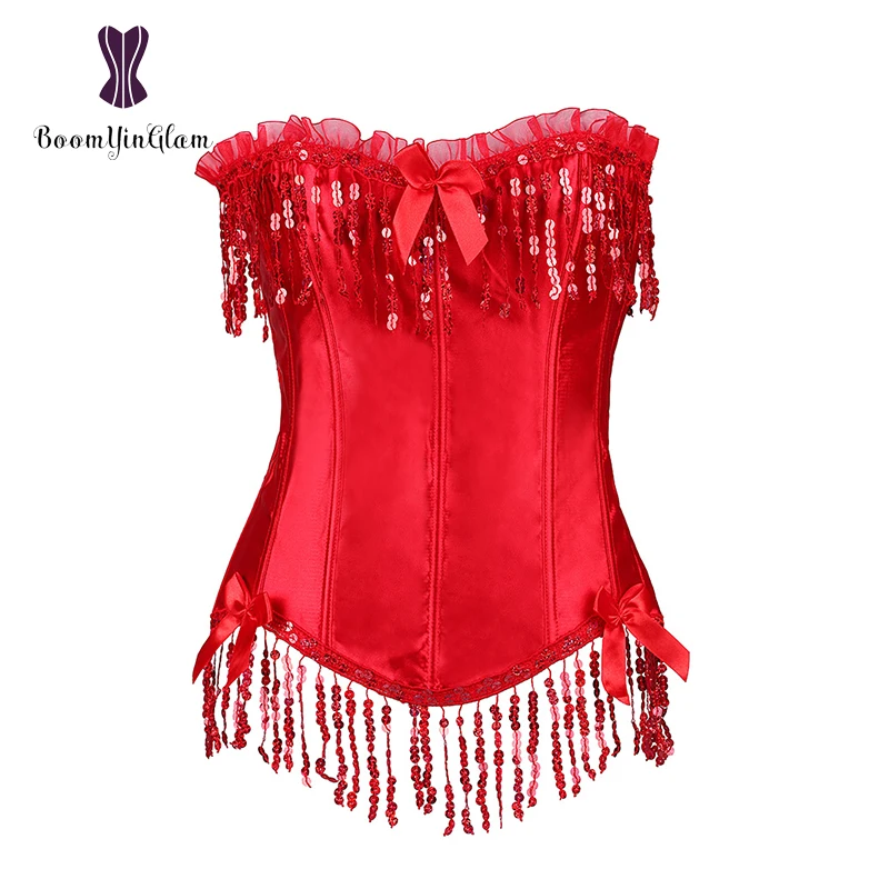 

803# High quality hooks side design sequin corselet women bustier corset red corset for dancing with g string