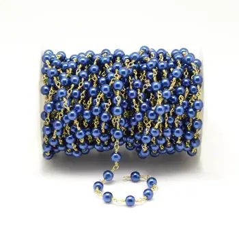 

6mm,Dark Blue Glass Pearl Chains for Bracelet,Smooth Round Shape Beads Necklace,Wire Wrapped Brass Plated Links Jewelry