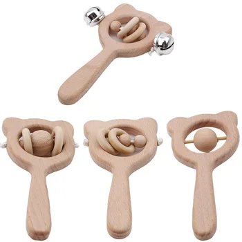 

Baby Toys Beech Wood Bear Hand Teething Wooden Ring Can Chew Beads Baby Rattles Play Gym Montessori Stroller Toys